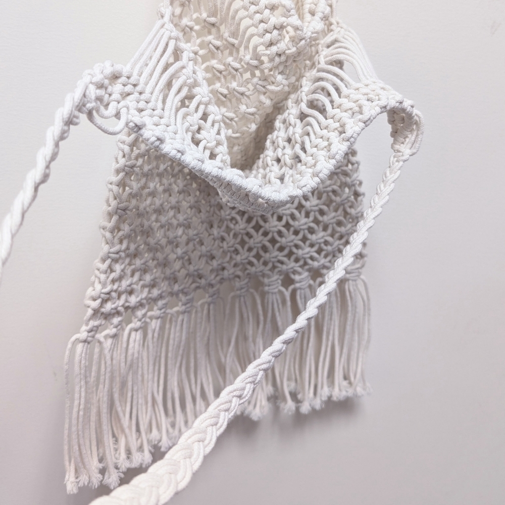 Bohemian Macrame Fringe Shoulder Bag White Cream - Picture 7 of 9